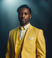 A handsome African man in a yellow suit. Generative AI.