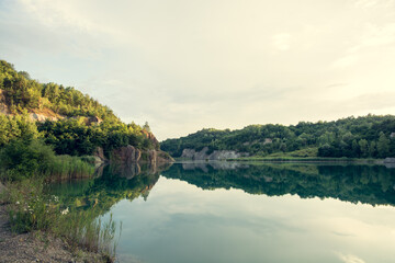 Rudabánya lake with rocks, at sunset
