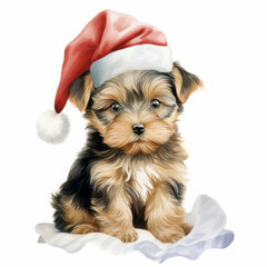 Cute yorkshire terrier puppy dog with christmas santa hat on white background