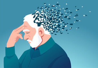 Vector of a senior man losing parts of head as symbol of decreased brain function - obrazy, fototapety, plakaty