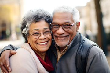 Portrait of happy senior couple smiling while holding each other outdoor, smiling senior couple embracing each other, enjoying retirement outdoor