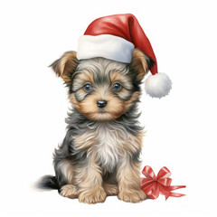 Cute yorkshire terrier puppy dog with christmas santa hat on white background