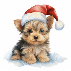 Cute yorkshire terrier puppy dog with christmas santa hat on white background