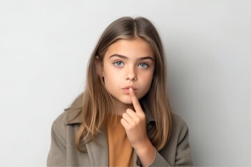 Medium shot portrait photography of a tender kid female making a gesture of silence with his finger on his lips. With generative AI technology