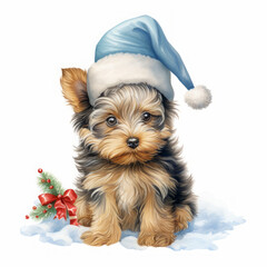 Cute yorkshire terrier puppy dog with blue christmas santa hat on white background