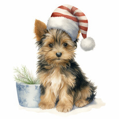 Cute yorkshire terrier puppy dog with christmas santa hat on white background