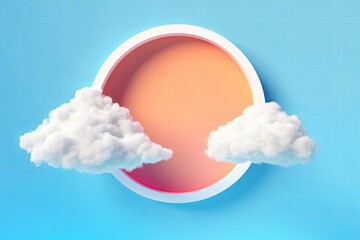 3d render, abstract wallpaper, blue sky with white clouds fly out the round hole, peachy background. Weather concept, optical illusion, Generative AI