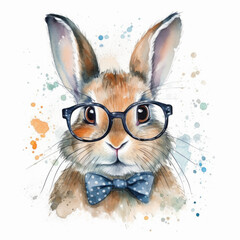 Smart Dressed Bunny Illustration, Scholarly Rabbit with Glasses, Chic Bowtie Bunny Watercolor Art With White Background