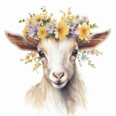 Floral Crown Goat Art, Rustic Farm Animal Decor, Botanical Goat Illustration for Home and Nursery with white background