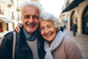 Portrait of happy senior couple smiling while holding each other outdoor in city, smiling senior couple embracing each other, enjoying retirement outdoor