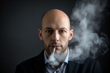Headshot portrait photography of a tender boy in his 30s smoking an electronic cigarette against a minimalist or empty room background. With generative AI technology