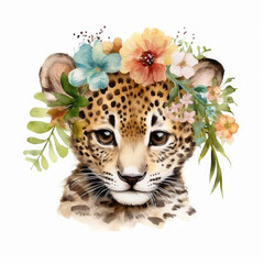 Baby Jaguar With Flower Crown Jungle Safari Nursery Art with white background