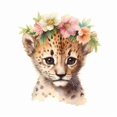 Baby Cheetah Cub Portrait with Floral Crown, Nature-Inspired Nursery Art, Gentle Wild Animal Illustration with white background