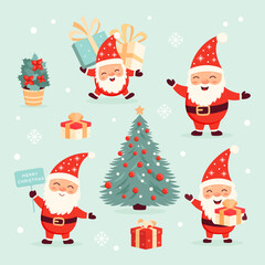 Christmas gnomes vector illustrations set. Christmas quotes. Winter holidays clipart.