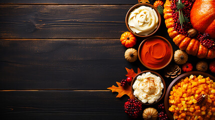 Thanksgiving background with copy space decorated with turkey dish and fall harvest