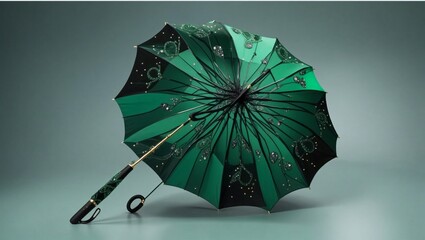 A green foldable umbrella isolated on light green background