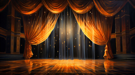 Glimmers of light peeking through drawn stage curtains, hinting at the world beyond - obrazy, fototapety, plakaty