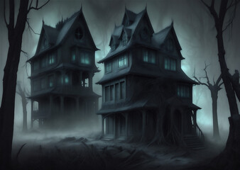 Obraz premium Creepy haunted house with weathered, vintage look for Halloween and other spooky occasions.