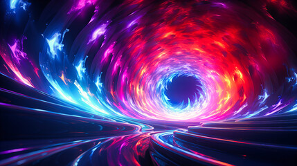 A whirlwind of neon spirals converging towards a radiant vortex center - obrazy, fototapety, plakaty