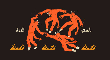 Dancing red devils walking around. Demon, devil or satan with horns and hoofs. Fire, hell yeah text. Hand drawn Vector illustration. Pre made print or card. Halloween, spooky, horror, mystery concept