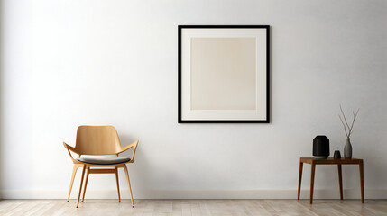Picture Frame and gray pic  on a White Wall with White Space in the Middle: Minimalist Living Room Concept. room with chair, copy space