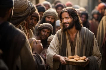 Meubelstickers Jesus Christ fed bread to the poor , bible religion, gospels, ancient scriptures history, Jesus hands giving bread to poor , biblical story to feed hungry, charity. © Ruslan Batiuk