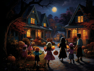 trick or treating  halloween night , group of children going from door to door in a neighborhood