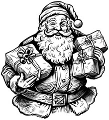 Santa Bringing Gifts Woodcut