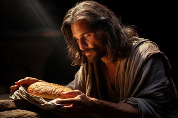 Jesus Christ fed bread to the poor , bible religion, gospels, ancient scriptures history, Jesus hands giving bread to poor , biblical story to feed hungry, charity. - obrazy, fototapety, plakaty