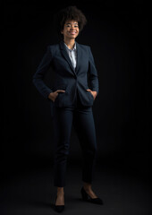 Obraz na płótnie Canvas Generative AI, beautiful young black girl in a business suit, jacket and trousers on a dark background, businesswoman, boss, place for text, successful woman, office dress code