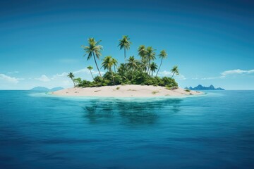 Small tropical island with palm trees in the middle of an ocean in daylight. Paradise and sea horizon.