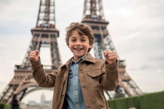 Environmental portrait photography of a happy boy in his 30s clapping hands wearing a rugged jean vest against the eiffel tower. With generative AI technology
