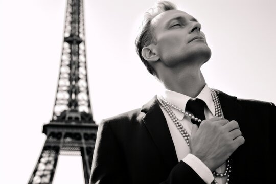 Photography in the style of pensive portraiture of a blissful mature man pointing upwards showing off a chic pearl necklace against the eiffel tower. With generative AI technology