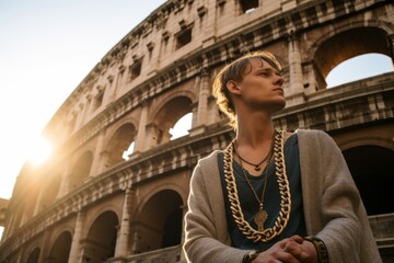 Environmental portrait photography of a glad boy in his 30s placing hand on chin in a thinking pose showing off a bold body chain against the colosseum in rome italy. With generative AI technology