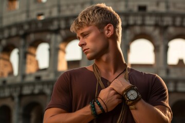 Environmental portrait photography of a glad boy in his 30s placing hand on chin in a thinking pose showing off a bold body chain against the colosseum in rome italy. With generative AI technology - obrazy, fototapety, plakaty