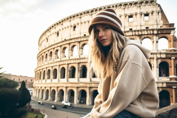 Photography in the style of pensive portraiture of a glad girl in her 20s holding a skateboard sporting a comfortable hoodie against the colosseum in rome italy. With generative AI technology