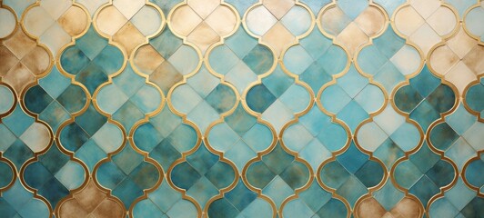 Abstract turquoise gold mosaic tile wall texture background illustration - Arabesque moroccan marrakech vintage retro ceramic tiles pattern - obrazy, fototapety, plakaty