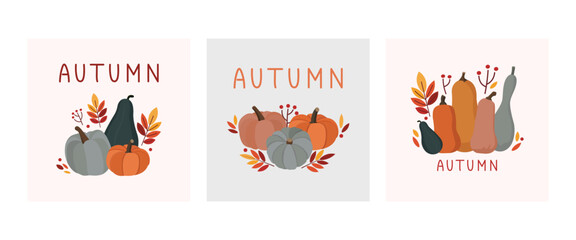 Autumn vector greeting card poster template. Set of three colored trendy vector illustrations. Minimalist postcard nature leaves, trees, pumpkins, abstract shapes.