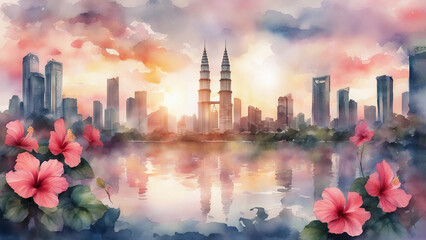 kuala lumpur city center KLCC with hibiscus in watercolor painting
