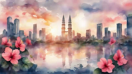Printed kitchen splashbacks Watercolor painting skyscraper kuala lumpur city center KLCC with hibiscus in watercolor painting