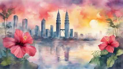 Obraz premium kuala lumpur city center KLCC with hibiscus in watercolor painting