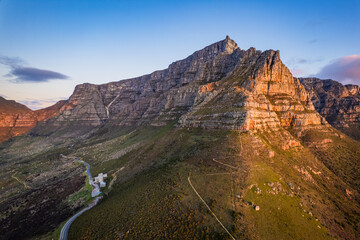 Aerial view of Kloof Corner hike at sunset in Cape Town, western Cape, South Africa