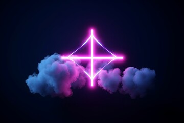 3d render, mystical cloud and cross sign glowing with pink blue neon light, abstract background, Generative AI