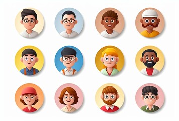 3d render, people avatar collection. Set of round stickers with cartoon character faces, user id thumbnail, modern icons for social account design. Portrait circles isolated on white, Generative AI - obrazy, fototapety, plakaty
