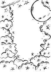 clouds, moon and stars - black outline on white background