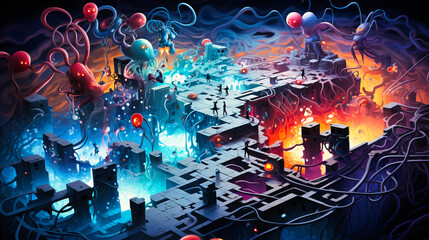 An abstract battleground depicting antivirus software warriors clashing with menacing virus entities amidst a network maze - obrazy, fototapety, plakaty