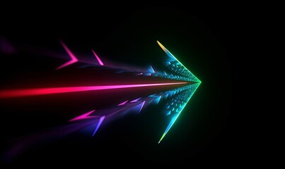 3d animation of a neon arrow isolated on a black background. Luminous lines and pulses glide along a geometric path, Generative AI - obrazy, fototapety, plakaty