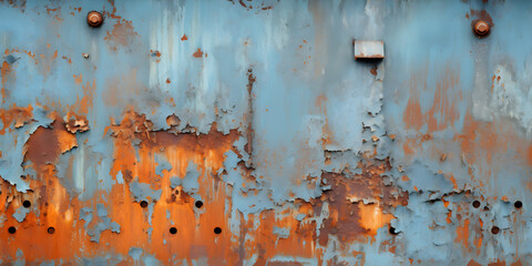Figure of rusty metal peeling painted background. - obrazy, fototapety, plakaty