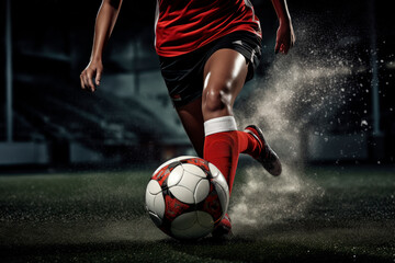 Professional female soccer player scrunches her feets a soccer ball with power