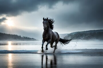horse running in the water